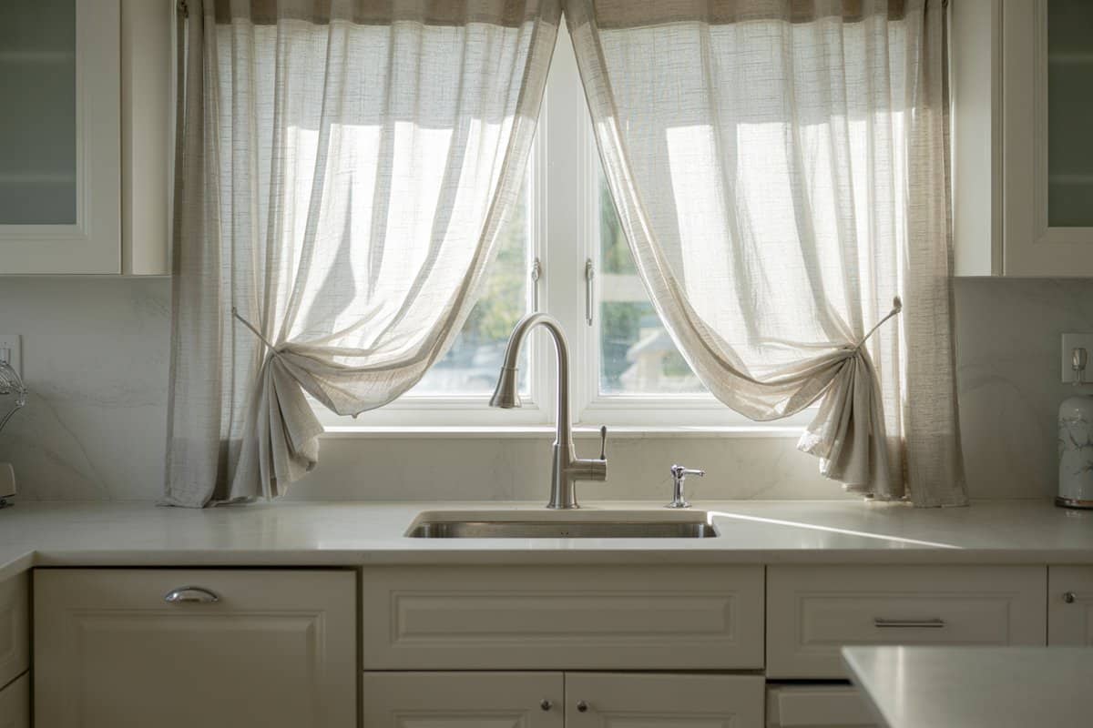 Sheer linen curtains tied back over a window above a white kitchen sink