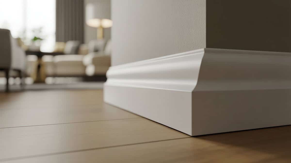 Close up side profile of a modern stepped white baseboard