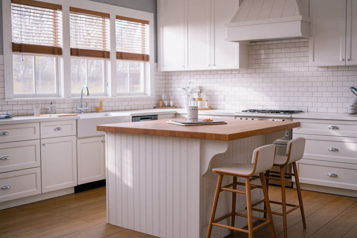 Wood blinds on triple windows above a farmhouse sink with butcher block island