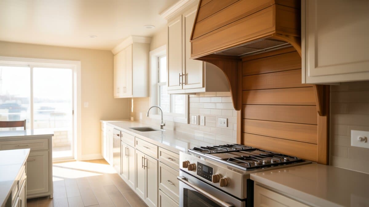Warm wood paneled range hood over the stove between cream colored cabinets