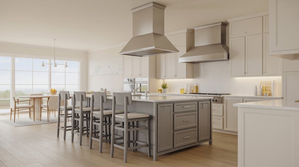 Stainless wall mounted hoods above a gray island with cushioned bar stools