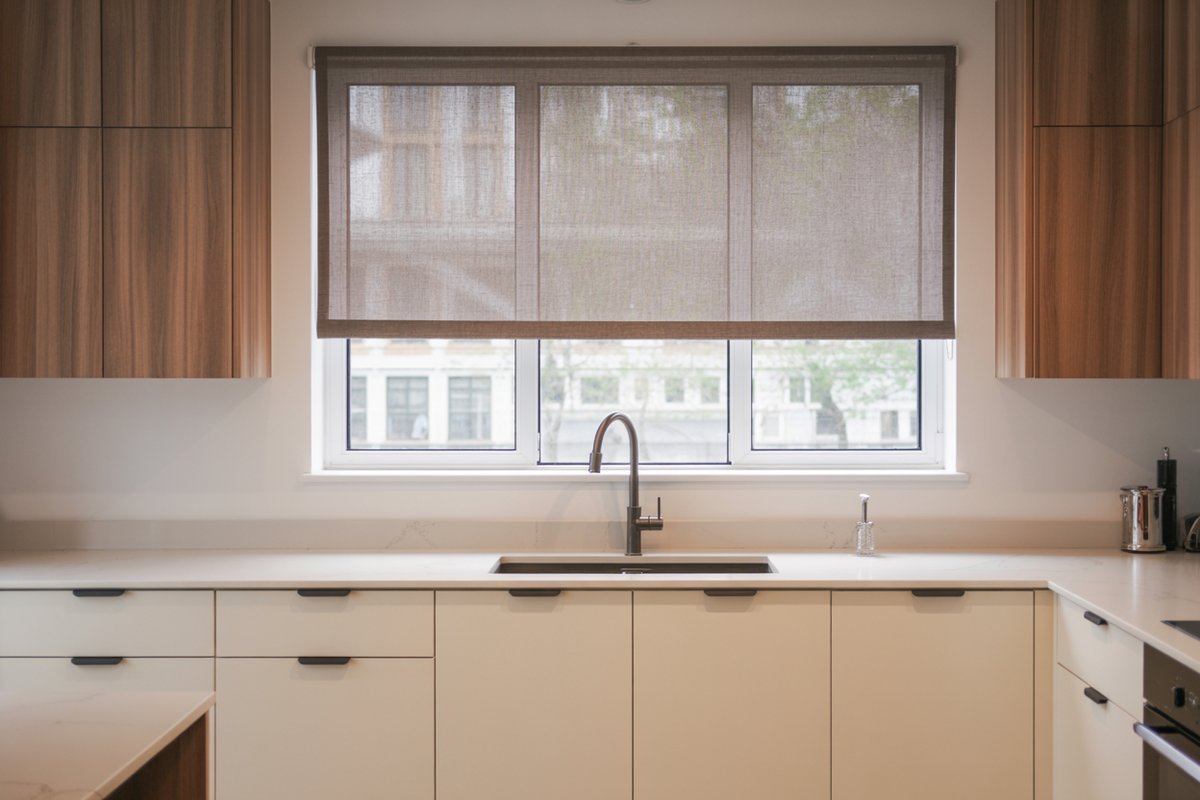 Half-lowered roller shade over a window above a sleek undermount kitchen sink