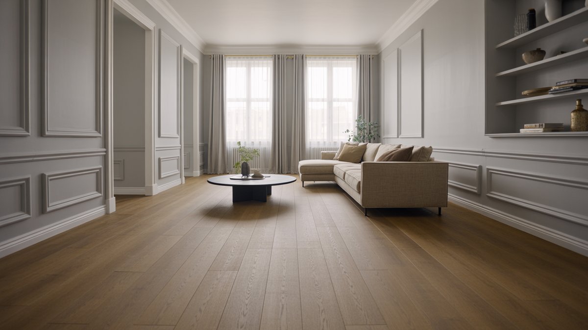 Contemporary living room with grey paneling and five inch white baseboards