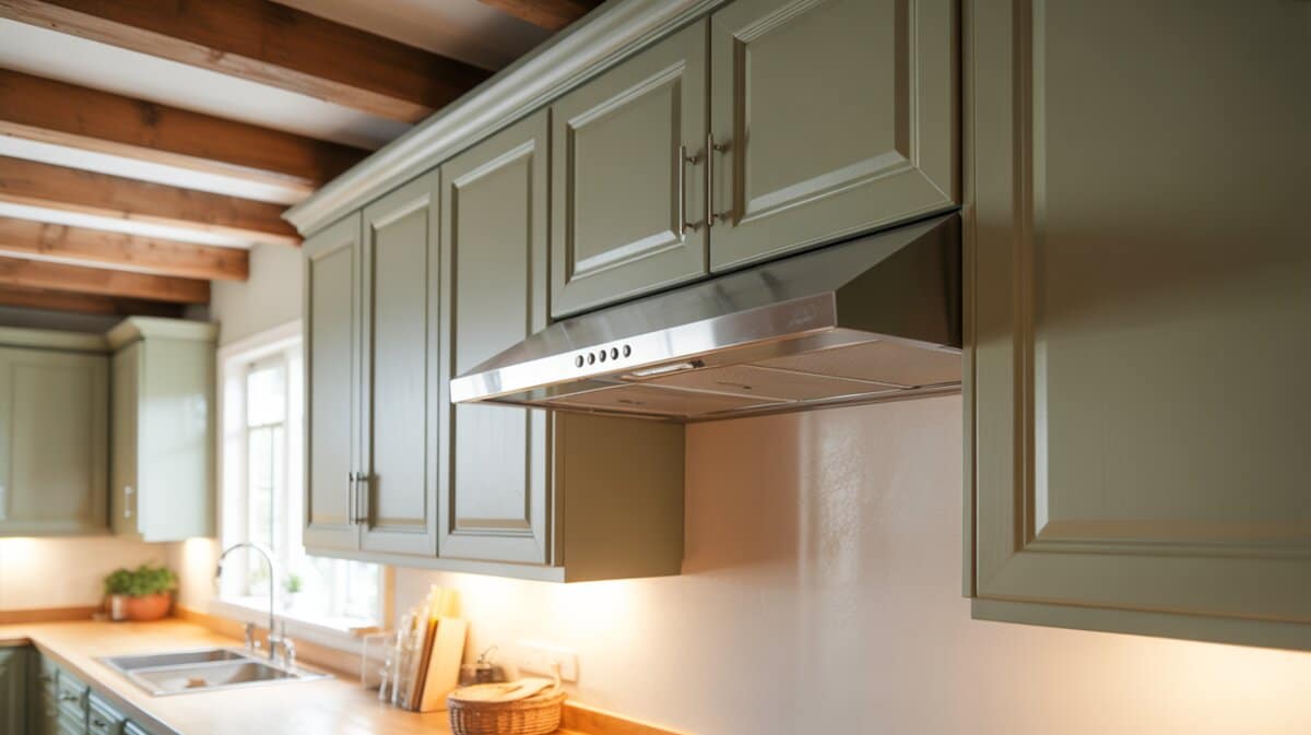 Slim stainless under cabinet hood beneath sage green cabinets and rustic wood beams