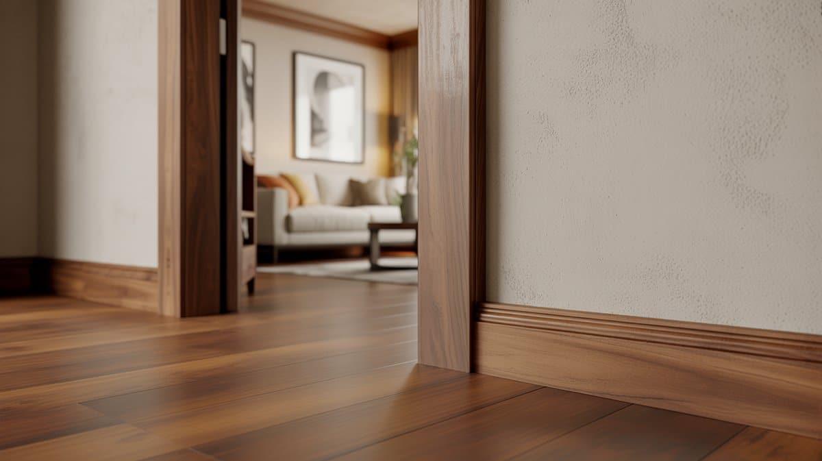 Close up of natural stained wood baseboard beside dark walnut flooring