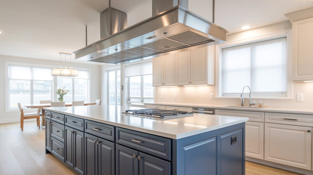 Stainless ceiling mounted hood floating above a navy blue island with quartz top