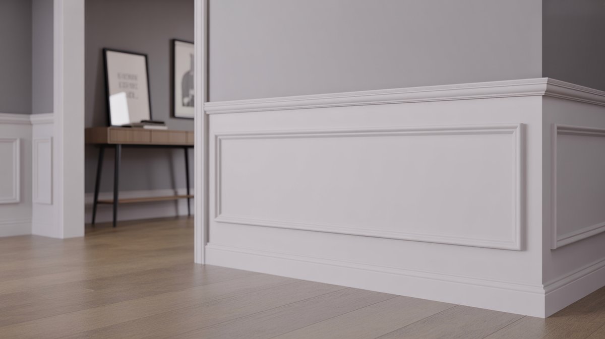 Hallway with smooth white painted MDF baseboard and console table