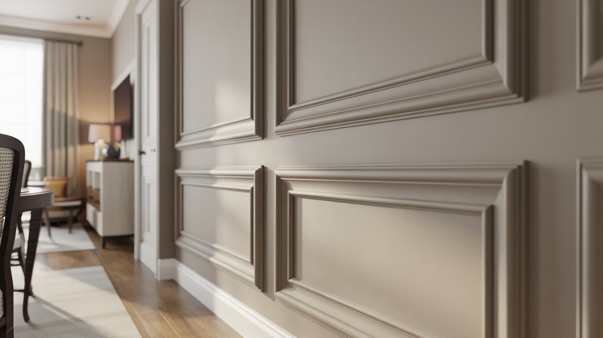 Greige wall with decorative colonial molding and white baseboard