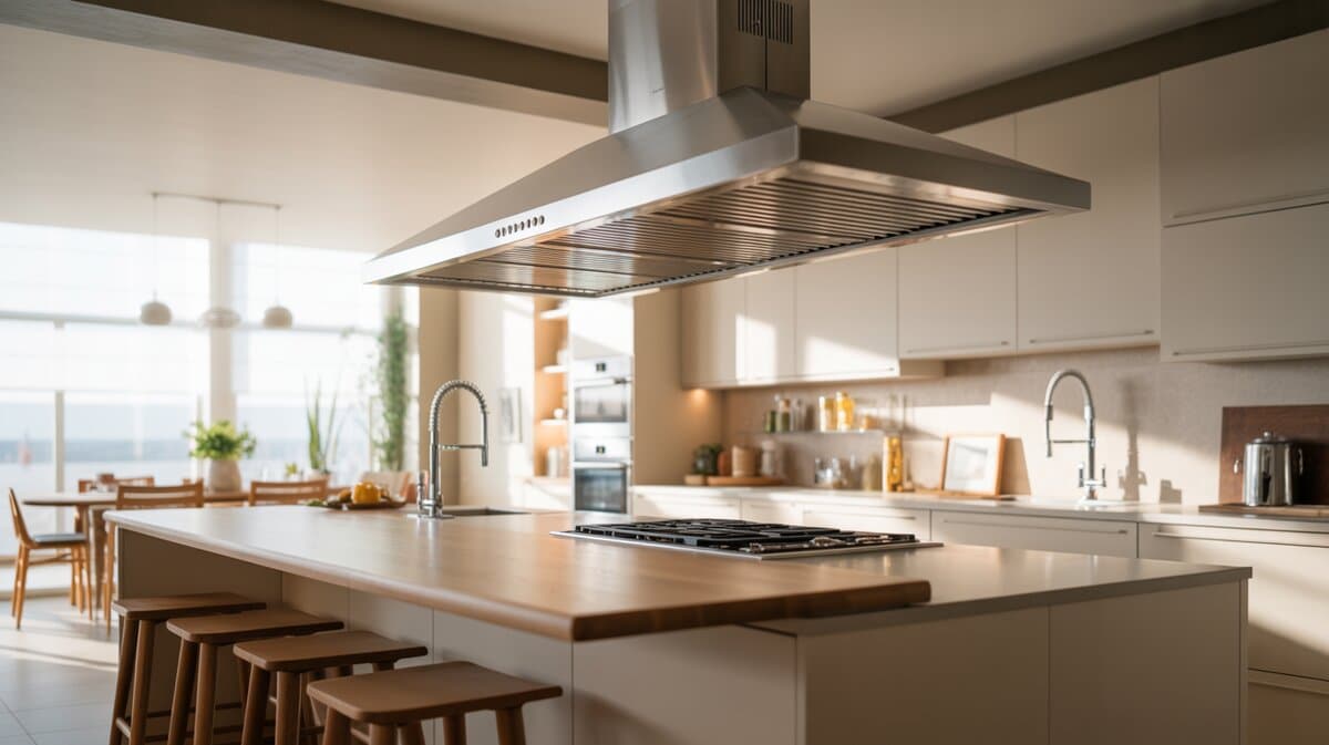 Large stainless island hood over a butcher block breakfast bar with wood stools