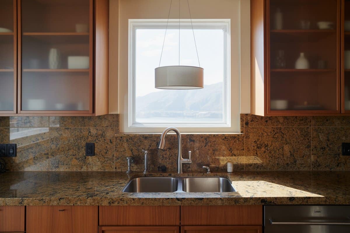 Drum pendant light over a sink window framed by warm granite and wood cabinets