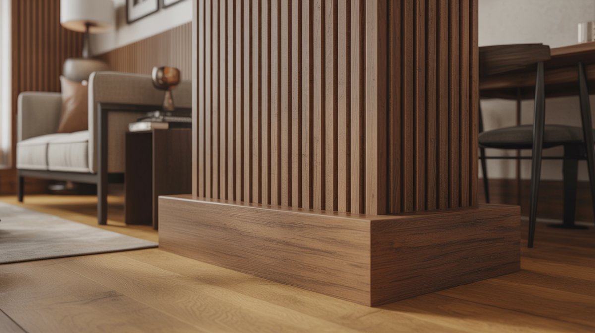 Wood slat accent wall with thick wood baseboard in a craftsman interior