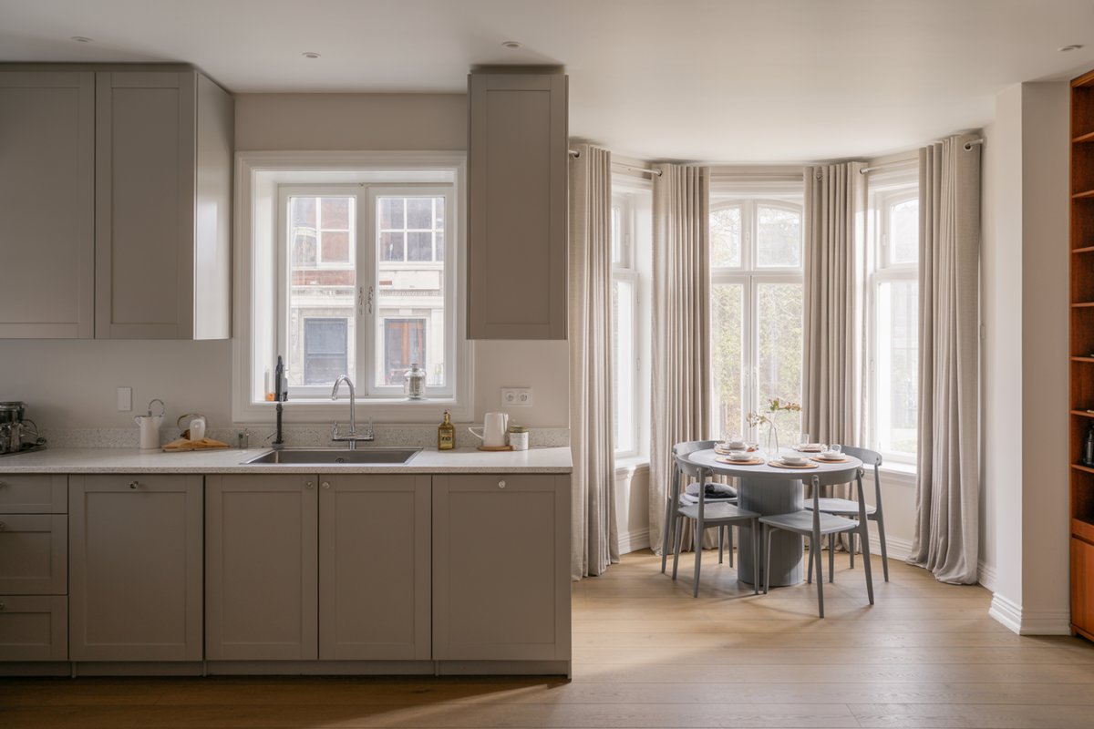 Soft gray kitchen with a curtained bay window dining nook by the sink