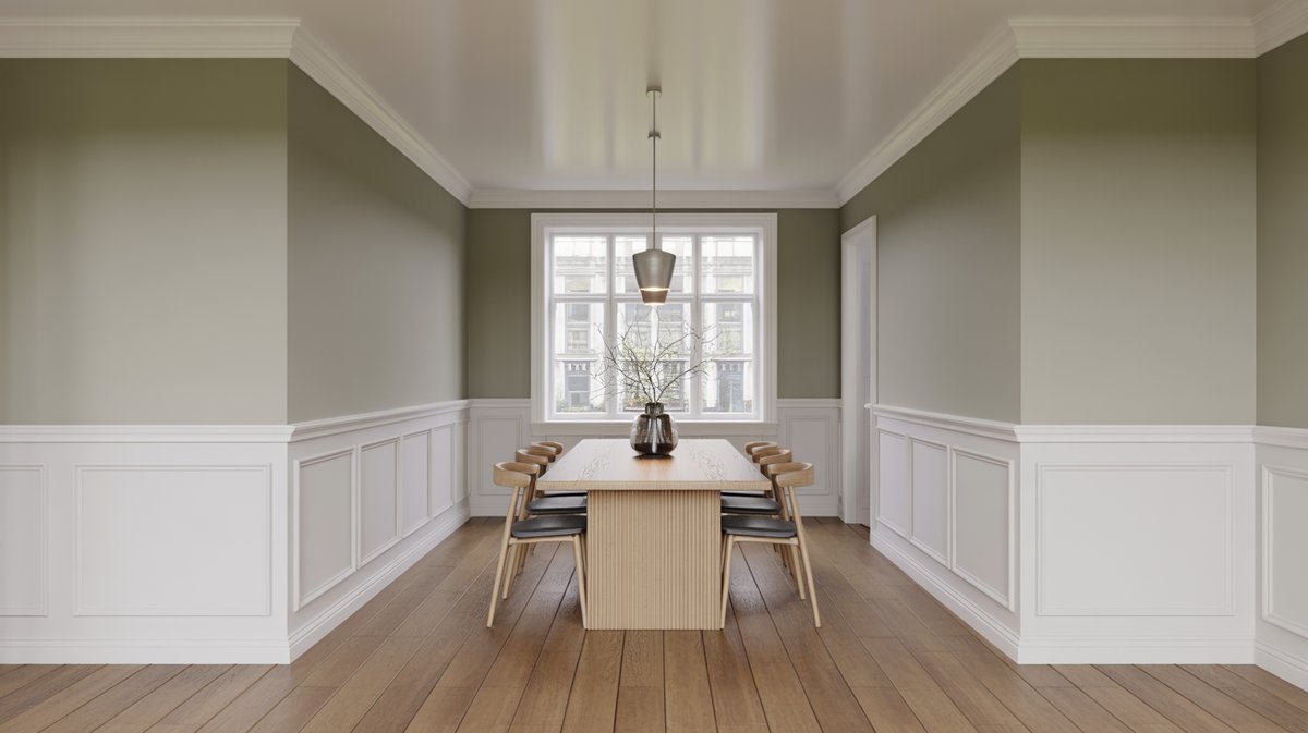Green dining room with white wainscoting and tall six inch baseboards