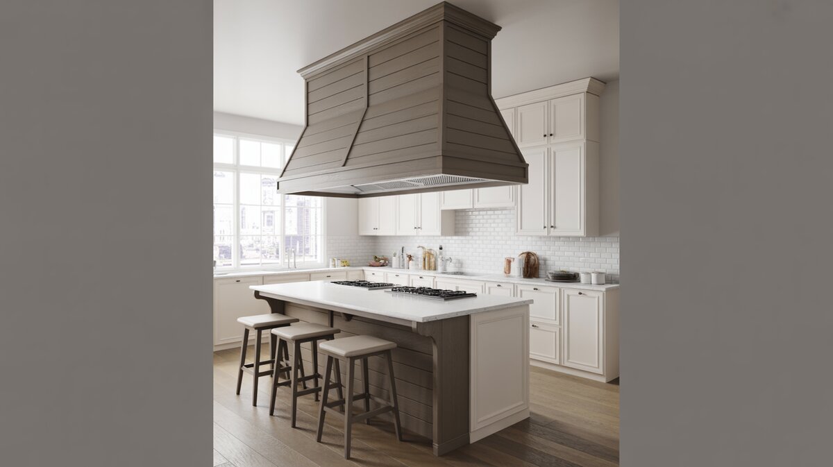 Taupe wood island hood with corbels above a white quartz island and stools