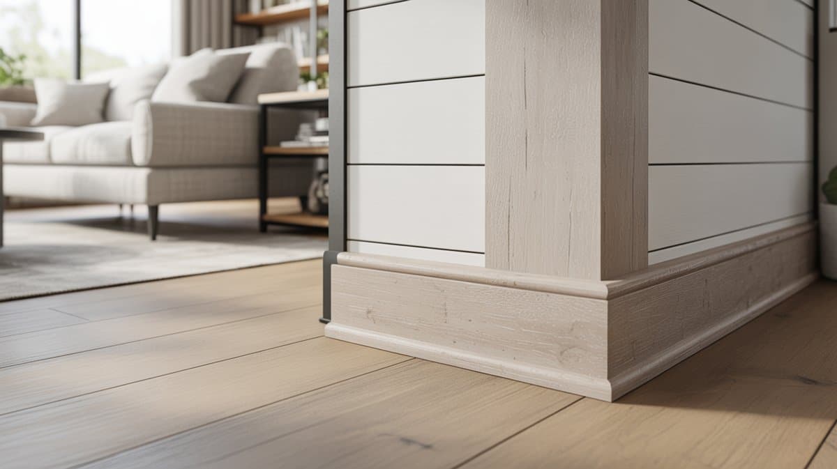 Farmhouse shiplap wall corner with white baseboard on light wood floor
