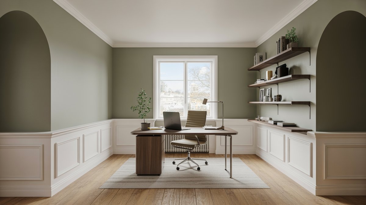 Green home office with white wainscoting and five inch baseboards