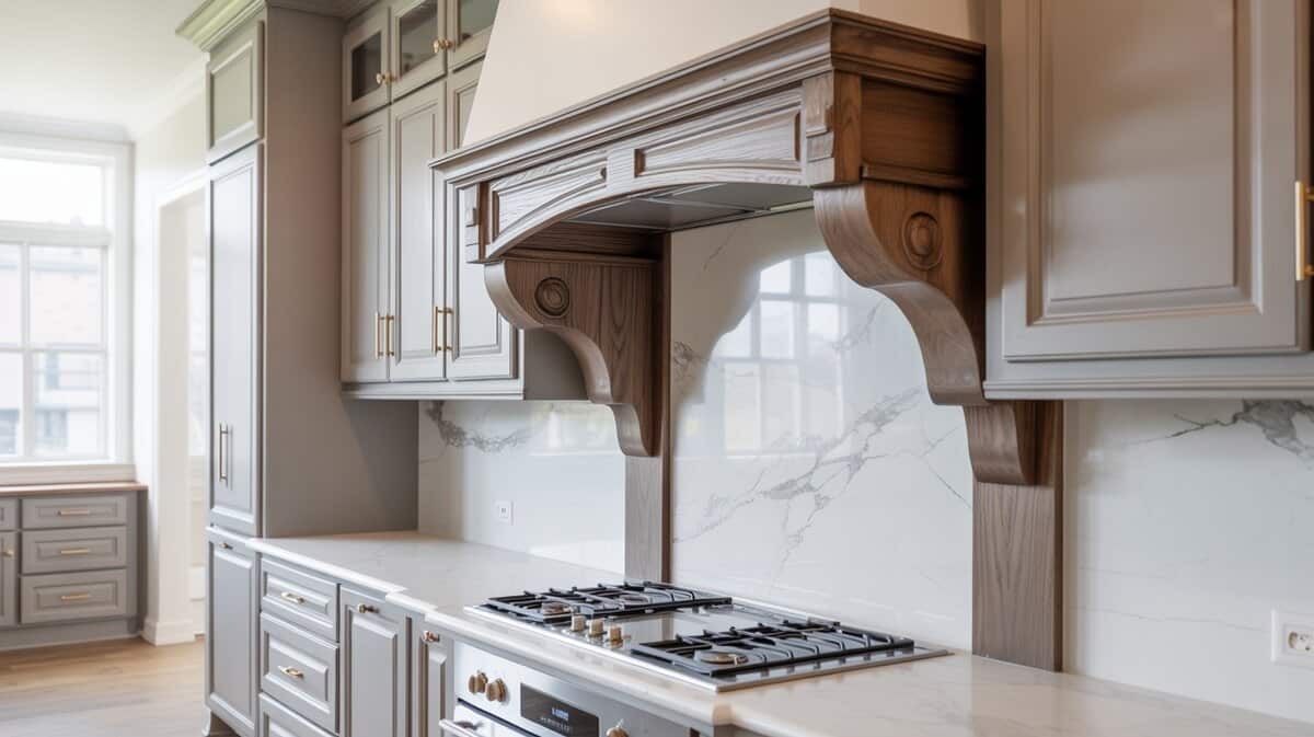 Carved stained wood hood with corbels set between gray cabinets above marble backsplash