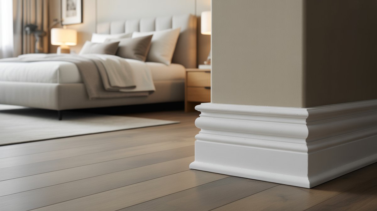 Close up of rounded white baseboard in a neutral modern bedroom