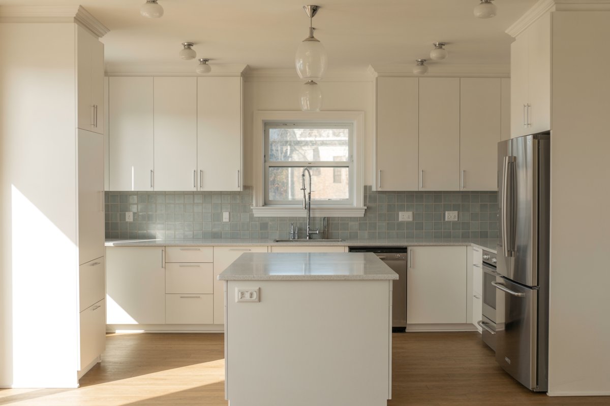 Small window over the sink in a white kitchen with green tile backsplash