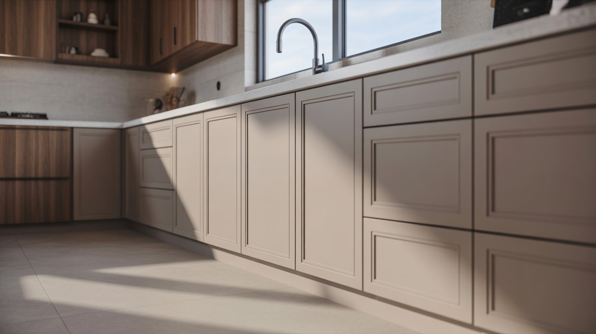 Kitchen with greige cabinets and tall baseboards along tile flooring