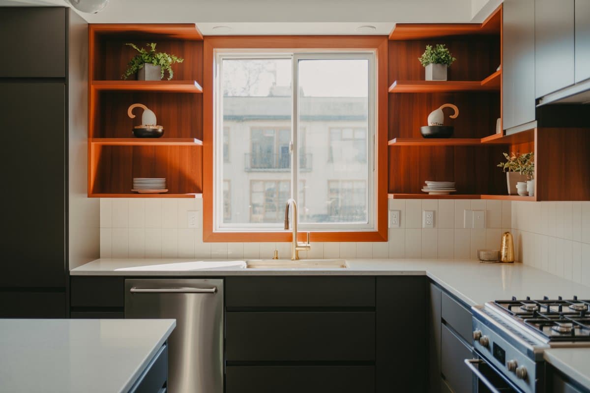 Warm wood open shelves around a sink window above black base cabinets