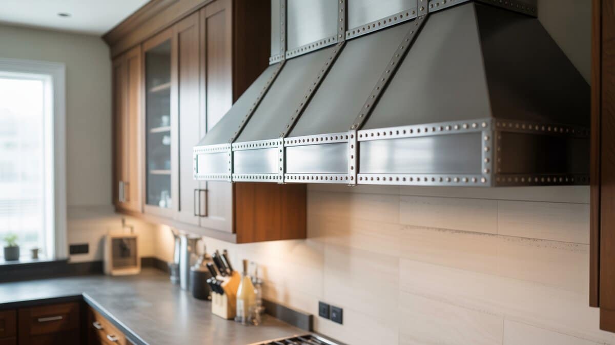 Riveted brushed metal hood with strap banding mounted against wood cabinetry
