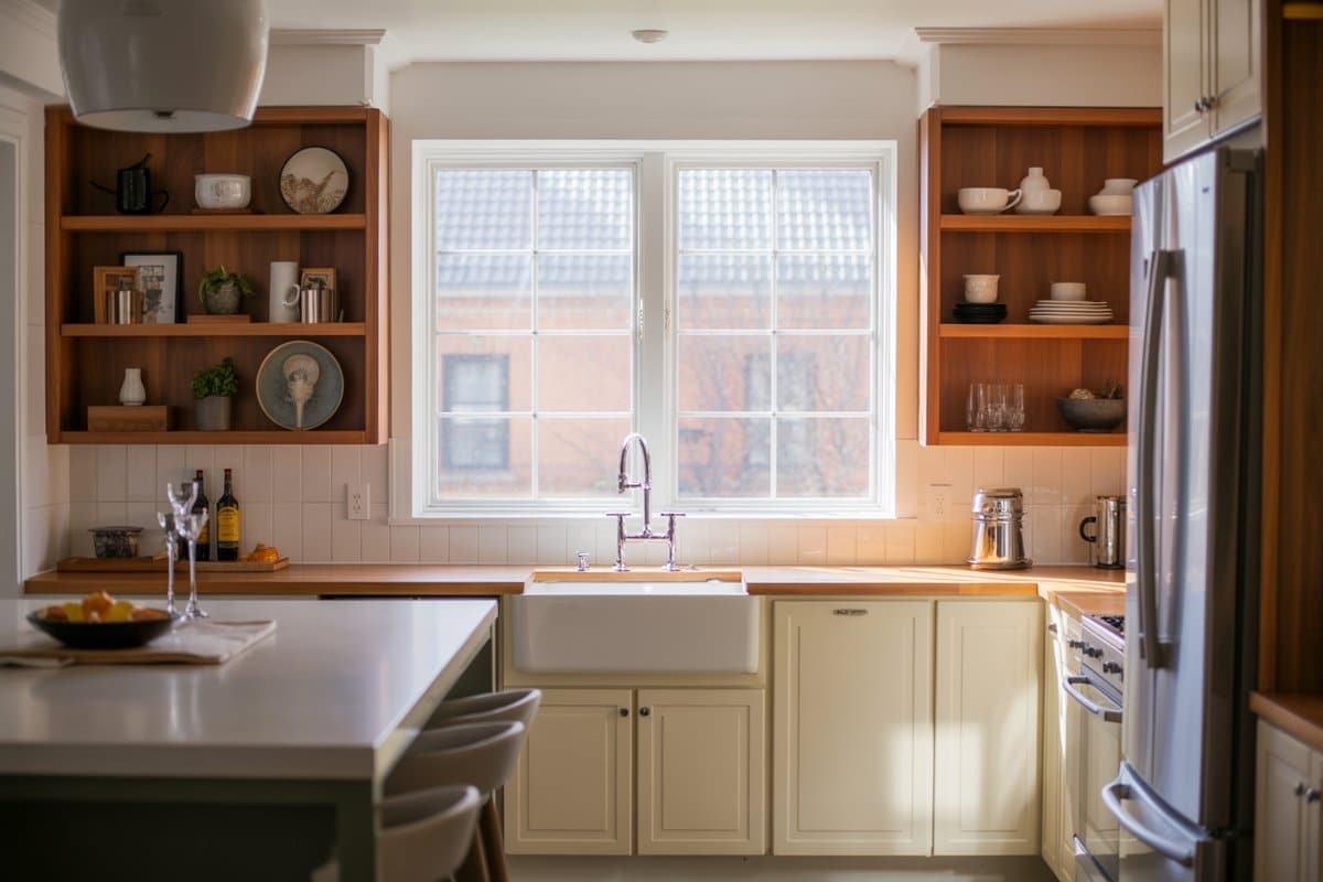 Teak open shelves flank a window above a farmhouse sink with green island