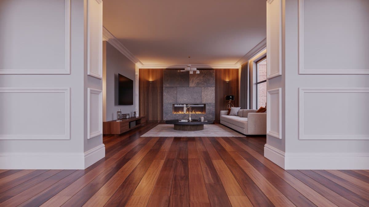 Living room with white baseboards crown molding walnut floors and fireplace