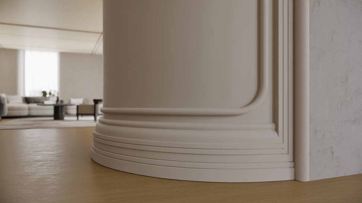 Close up of a curved baseboard wrapping a rounded wall corner