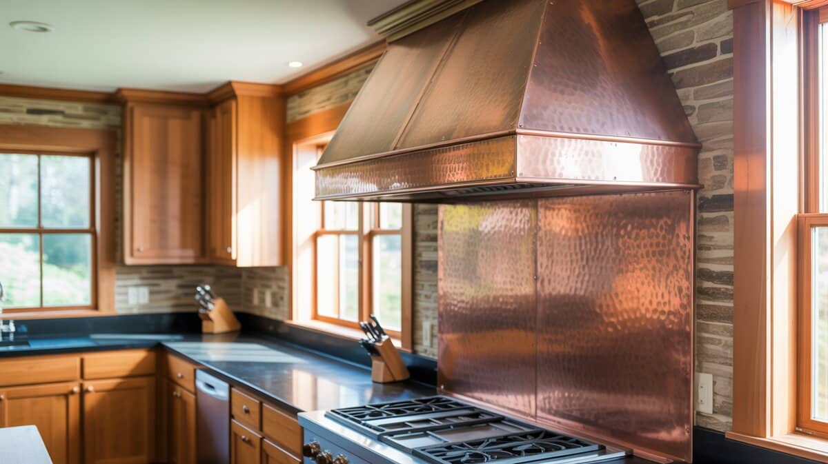 Hammered copper hood above a gas range with wood cabinets and black granite