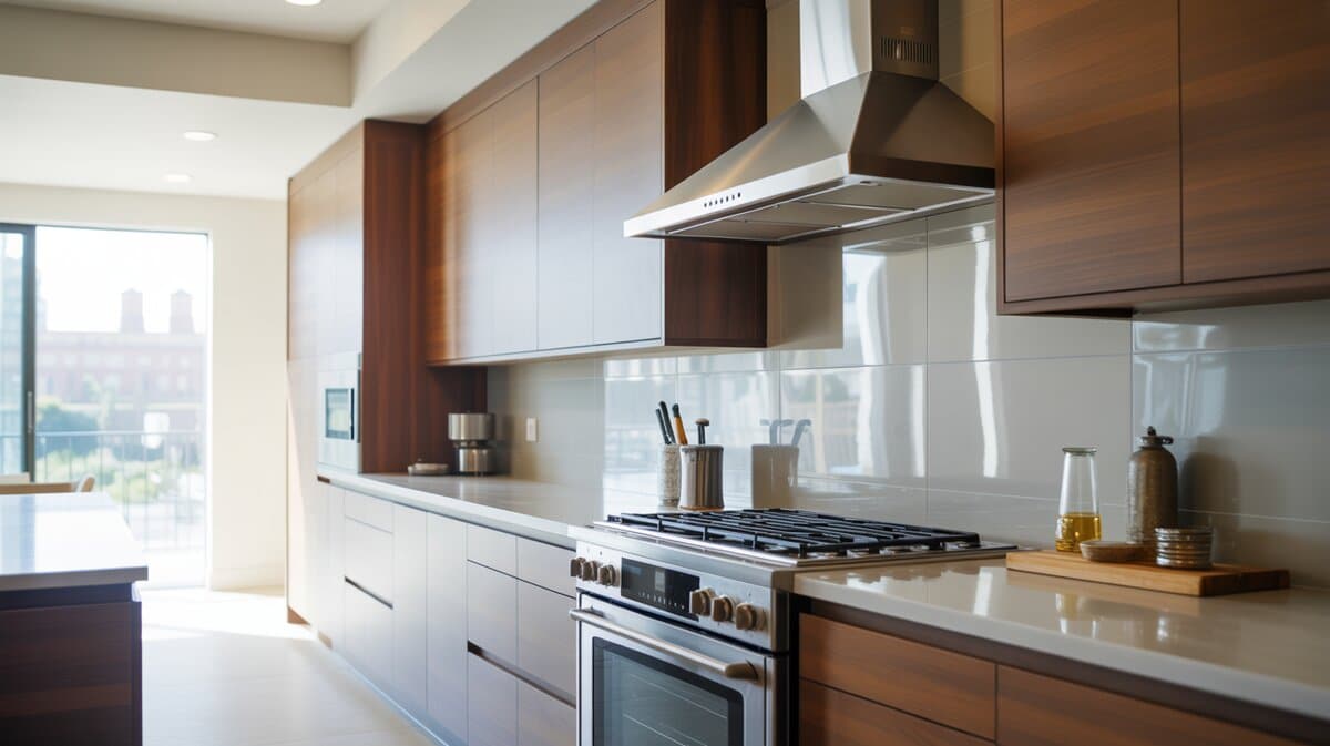 Sleek stainless steel chimney hood over a gas range flanked by walnut cabinets