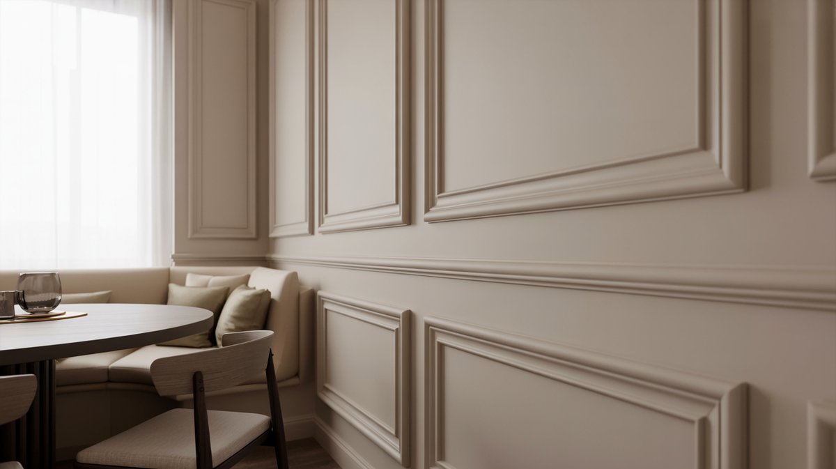 Dining nook with banquette seating and tall paneled baseboard molding