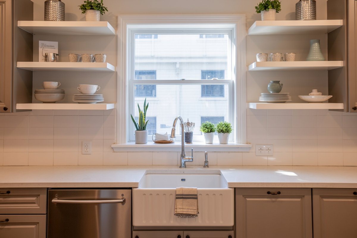 Floating white shelves on both sides of a window above a farmhouse sink