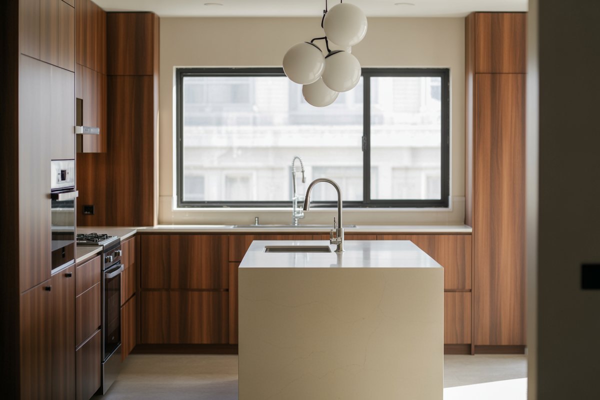 Walnut kitchen with a large sink window and white globe pendant cluster