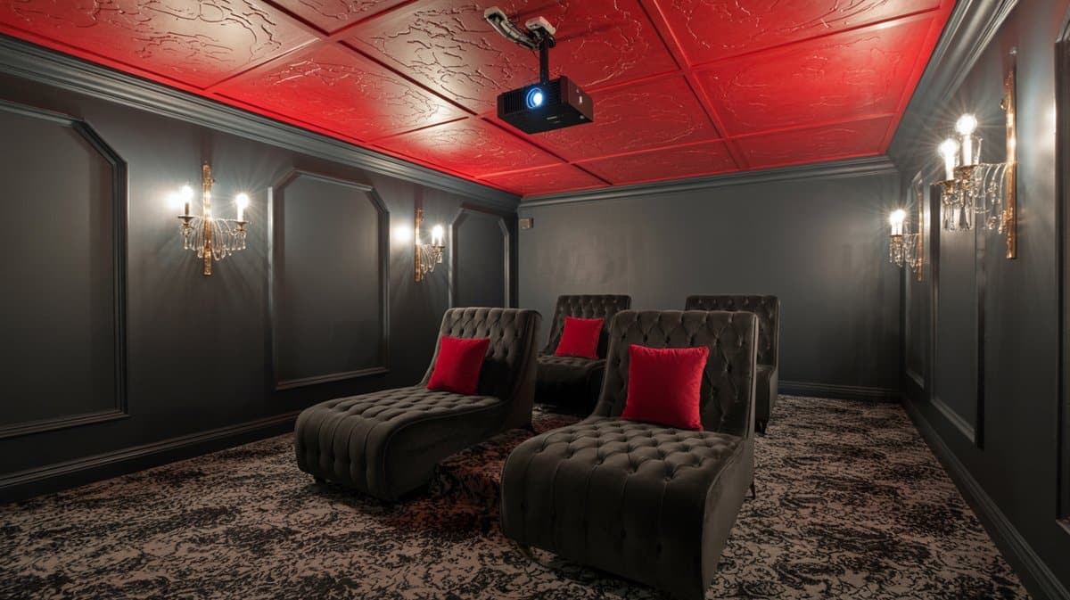 Dramatic basement home theater with red embossed ceiling, gray velvet tufted chaise lounges, red pillows, and ceiling projector