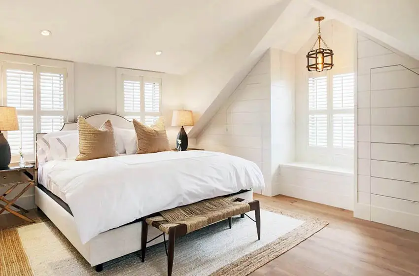 Bedroom with rug, window sear and shiplap drawers