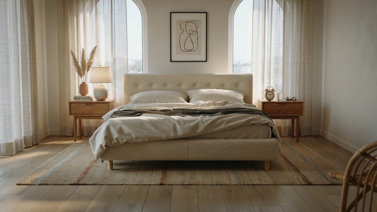 Boucle platform bed flanked by oak nightstands on a striped jute rug between arched windows