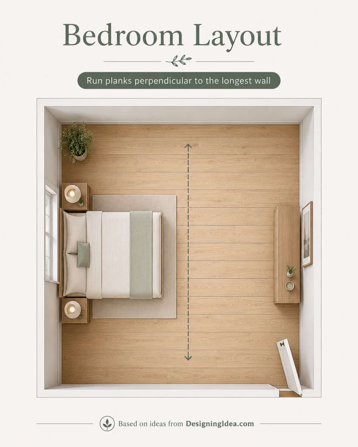 Bedroom floor plan with wood planks running perpendicular to the longest wall behind the bed