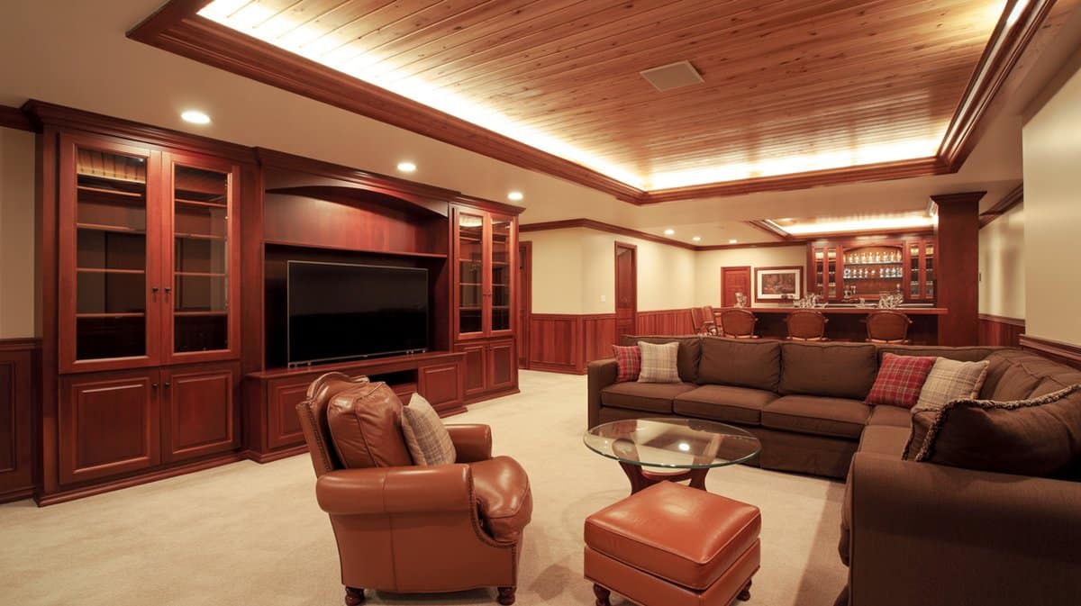 Traditional basement family room with dark mahogany built-ins, cedar plank ceiling, brown sectional sofa, and leather armchair