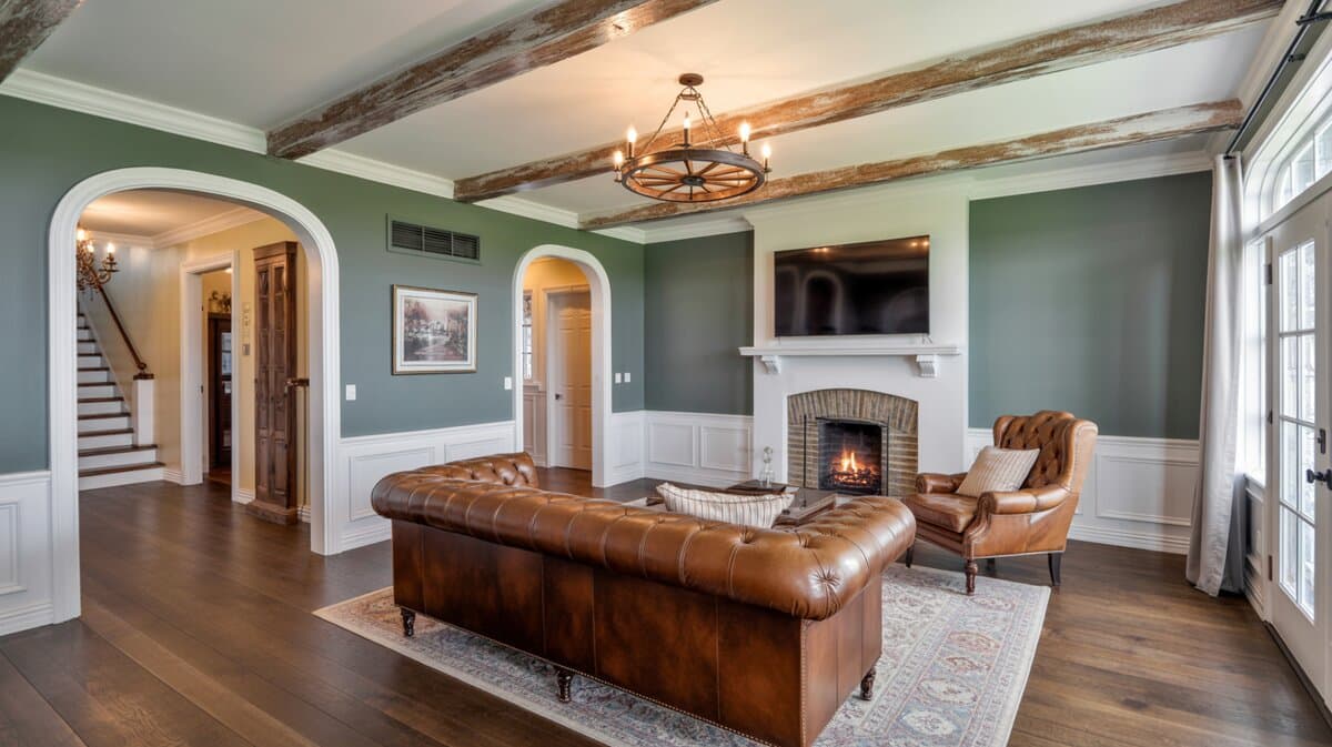 Brown leather Chesterfield sofa with sage green walls and exposed wood ceiling beams