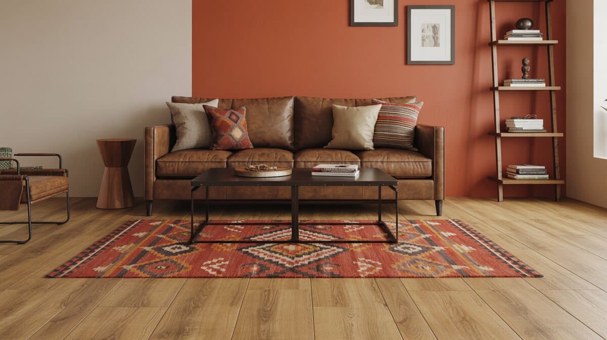 Brown leather sofa with bold terracotta accent wall and red southwestern geometric area rug