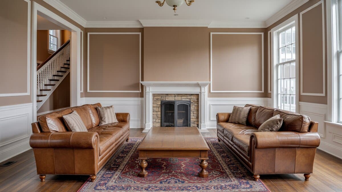 Pair of brown leather sofas with stone fireplace and white wainscoting on warm taupe walls