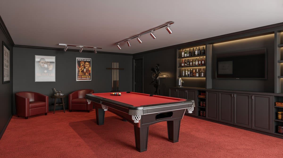 Dramatic basement man cave with red felt pool table, dark gray walls, backlit liquor shelving, red leather chairs, and red carpet