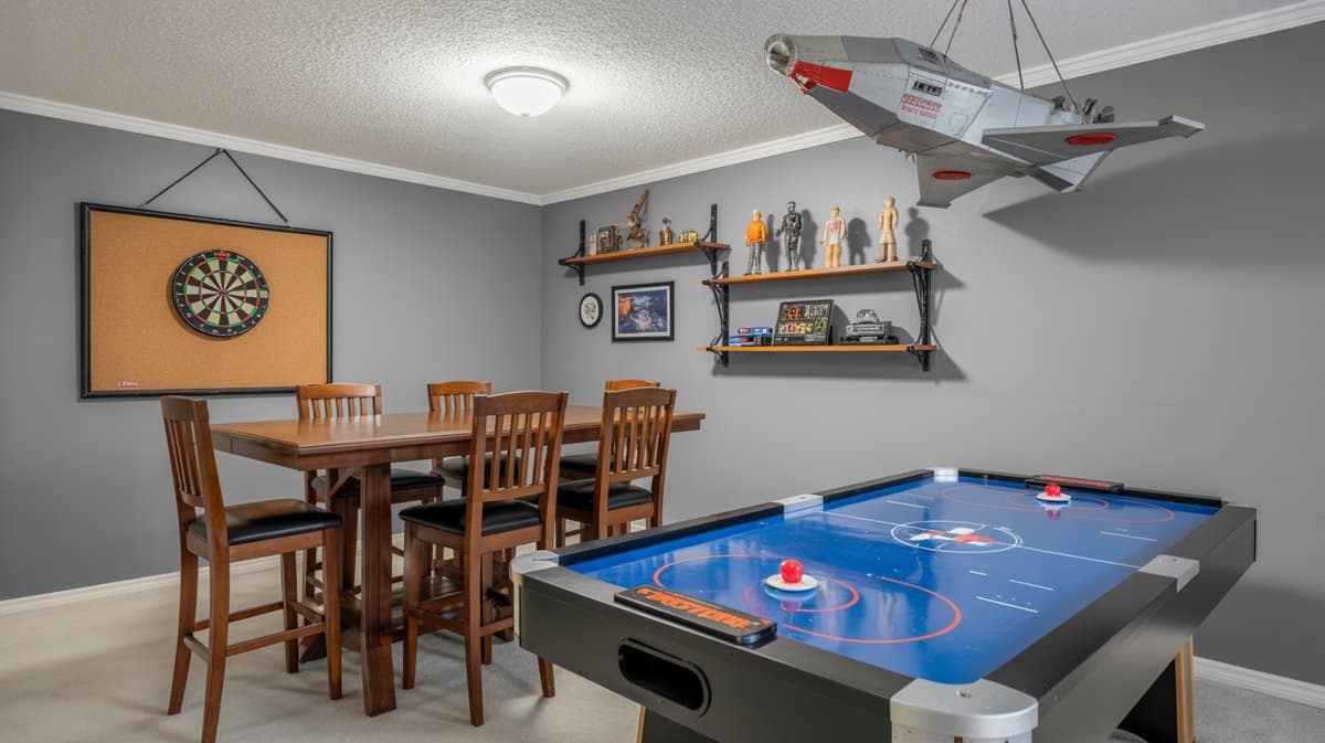 Gray basement game room with air hockey table, wood pub table and chairs, dartboard, and model aircraft hanging from ceiling