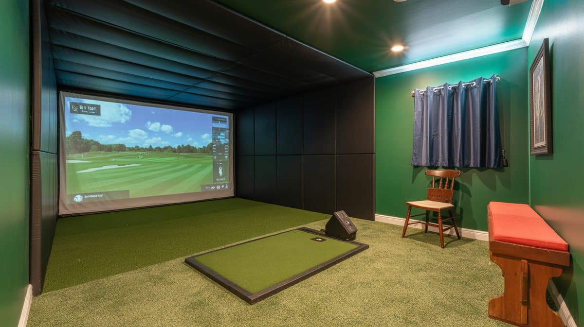 Basement golf simulator room with green turf hitting mat, projection screen showing golf course, and green painted walls