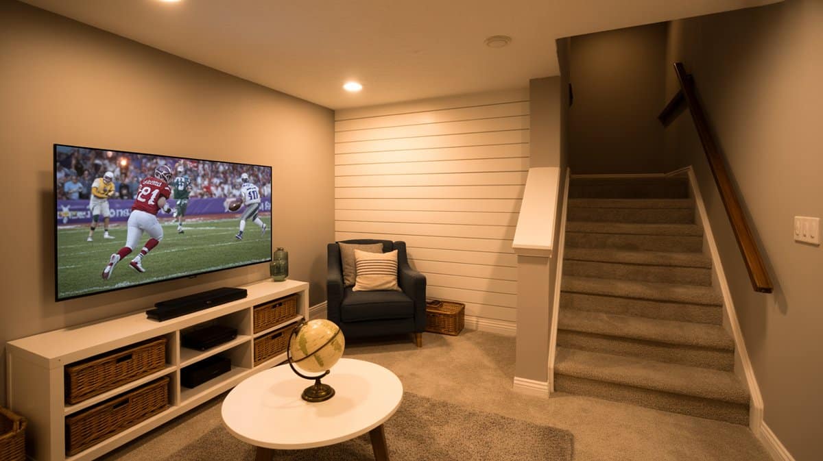 Cozy finished basement TV room with large flatscreen showing football game, shiplap accent wall, armchair, and staircase