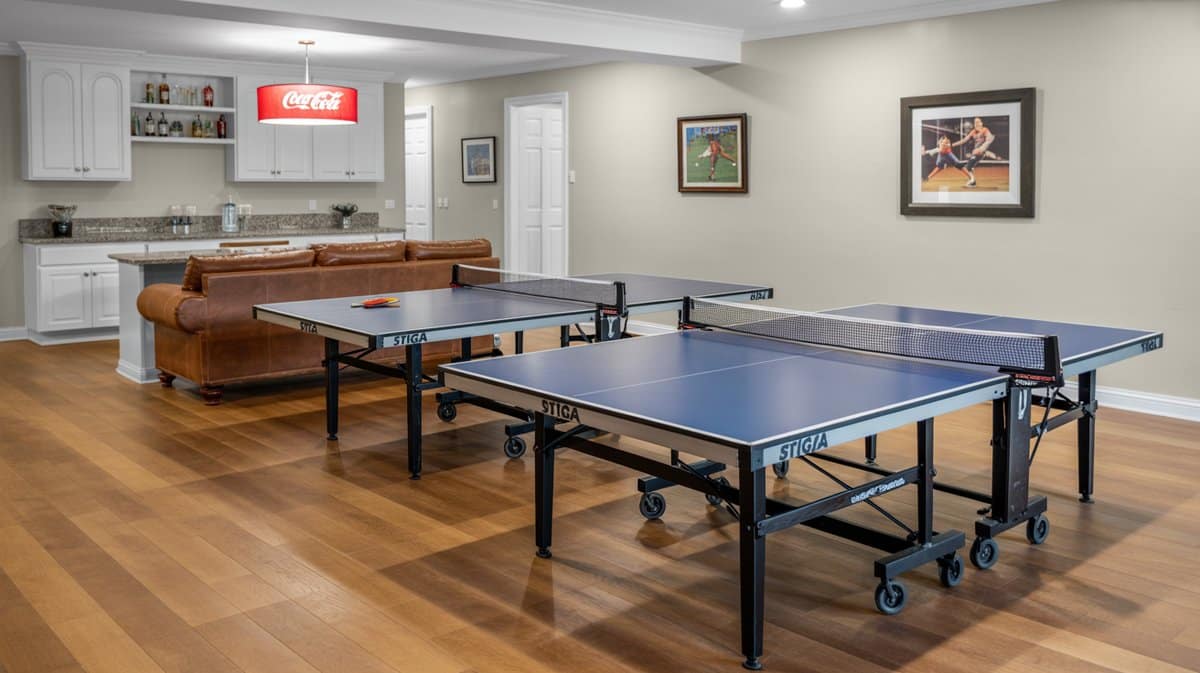 Bright basement game room with two blue Stiga ping pong tables, white cabinetry, Coca-Cola pendant lamp, and leather sofa