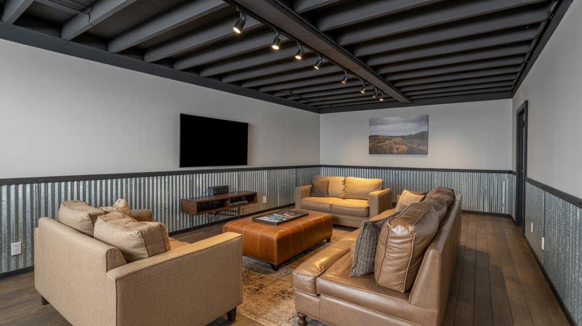 Industrial basement lounge with corrugated metal wainscoting, black open joist ceiling, tan sofas, and wall-mounted TV