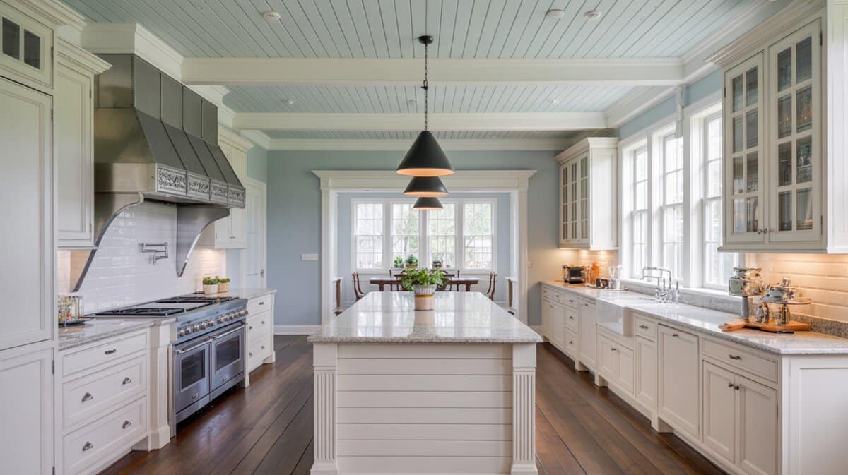 Classic white kitchen with pale blue narrow tongue and groove ceiling above a shiplap island and ornate stainless range hood