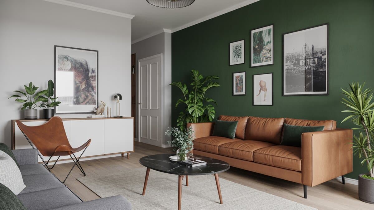 Cognac leather sofa against deep forest green wall with gallery artwork and butterfly chair